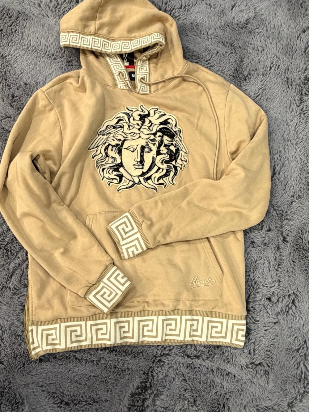 Tan Crewneck Hoodie with Medusa Graphic and Greca Trim - Women